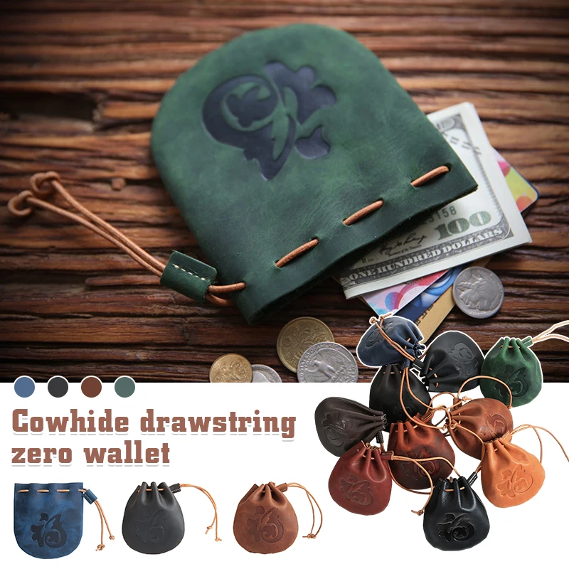 Genuine Leather Coin Purse Men Women Vintage Cowhide Leather Small Coin Wallet Money Pocket Drawstring Storage Bag