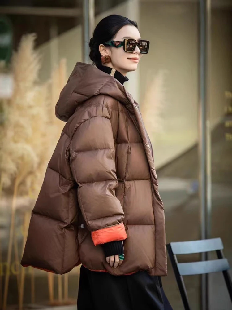 Winter Puff Hooded Patchwork Mid Length Down Jacket Women White Duck Down Fluffy Down Jackets Female Zipper Warm Parker Outwears