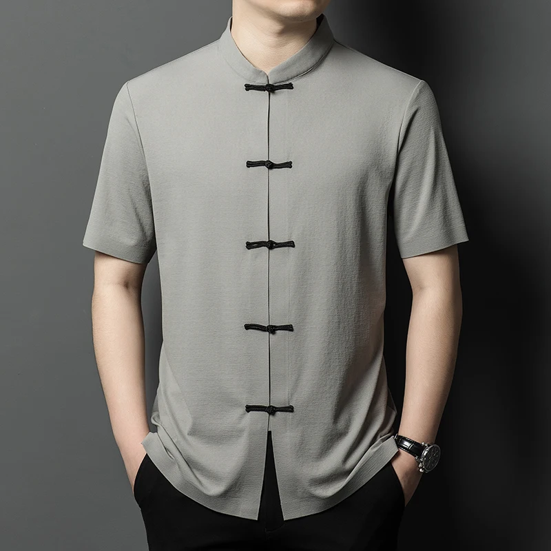 

New Design Chinese Traditional Buttons Shirts 2024 Summer Elegant Stand Collar Male Clothes Seamless Anti- Wrinkle Dresses