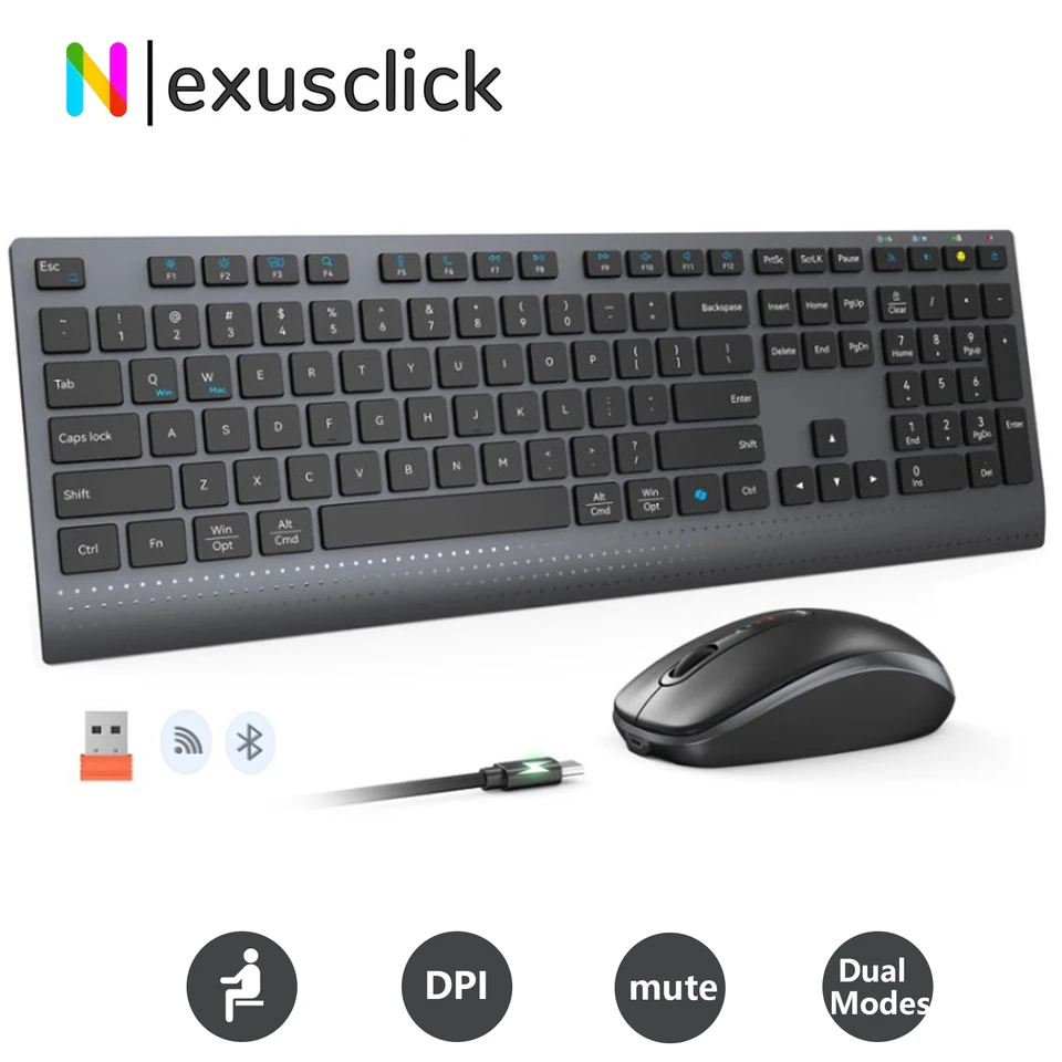 Dual-Mode 2,4-GHz-Funk-Kombinations-Tastatur-Maus-Set mit Stummschaltung, wiederaufladbar und mit Multifunktionstasten für Windows-PC-Gamer_voghion.com