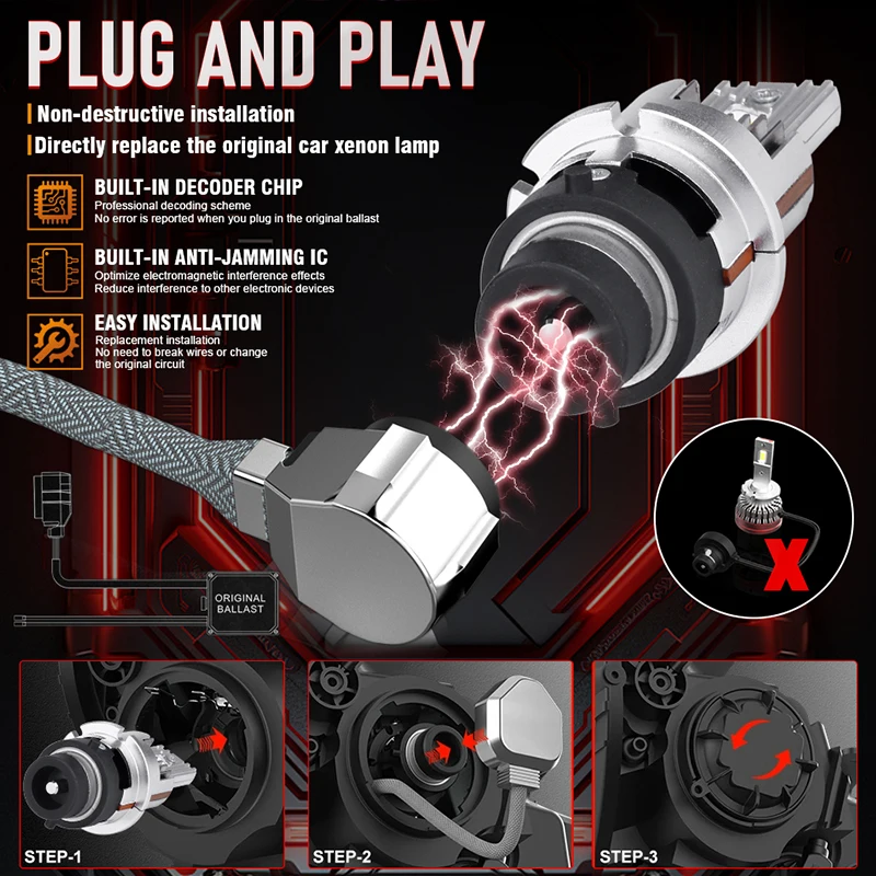 Xenon LED 무선 헤드라이트, 양면 초대형 CSP 칩, HID D1S D3S D8S D1R D3R D2H 키트, D2S D4S 1:1, 30000LM, 300W, 6000K