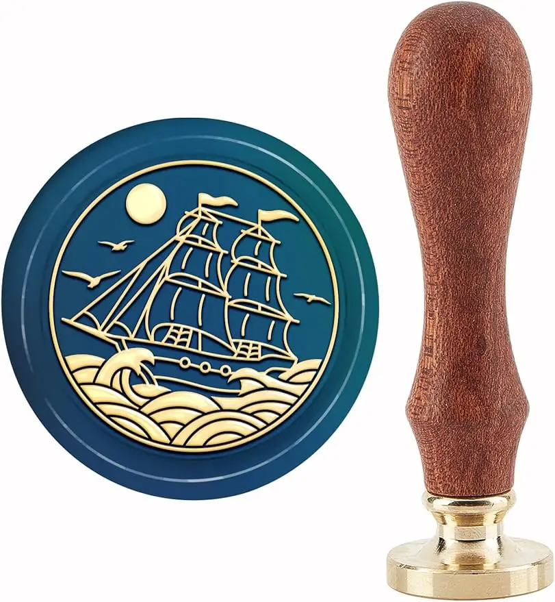 

1PC Waves Wax Seal Stamp Sailboat Vintage Sealing Wax Stamps Sun Retro 30mm Removable Brass Stamp Head with Wood Handle