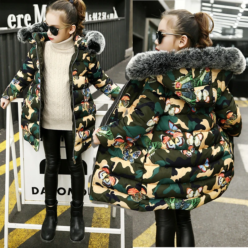 

2023 Long Style Winter Keep Warm Girls Jacket Camouflage Cartoon Butterfly Plus Velvet Heavy Hooded Windbreaker Coat For Girl