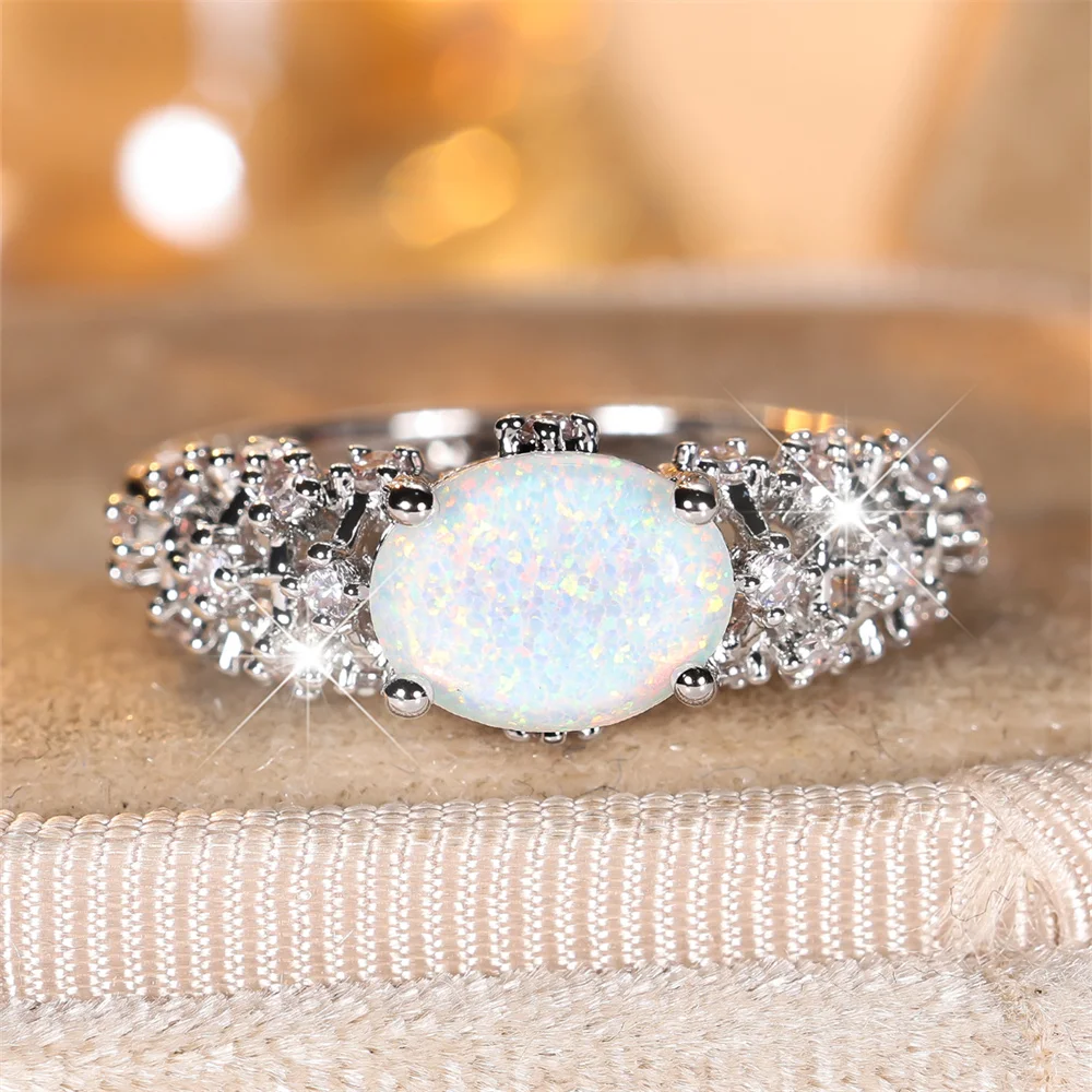 Oval Stone White Fire Opal Rings For Women Luxury Crystal Silver Color Engagement Promise Bands Wedding Jewelry Bridal Gifts