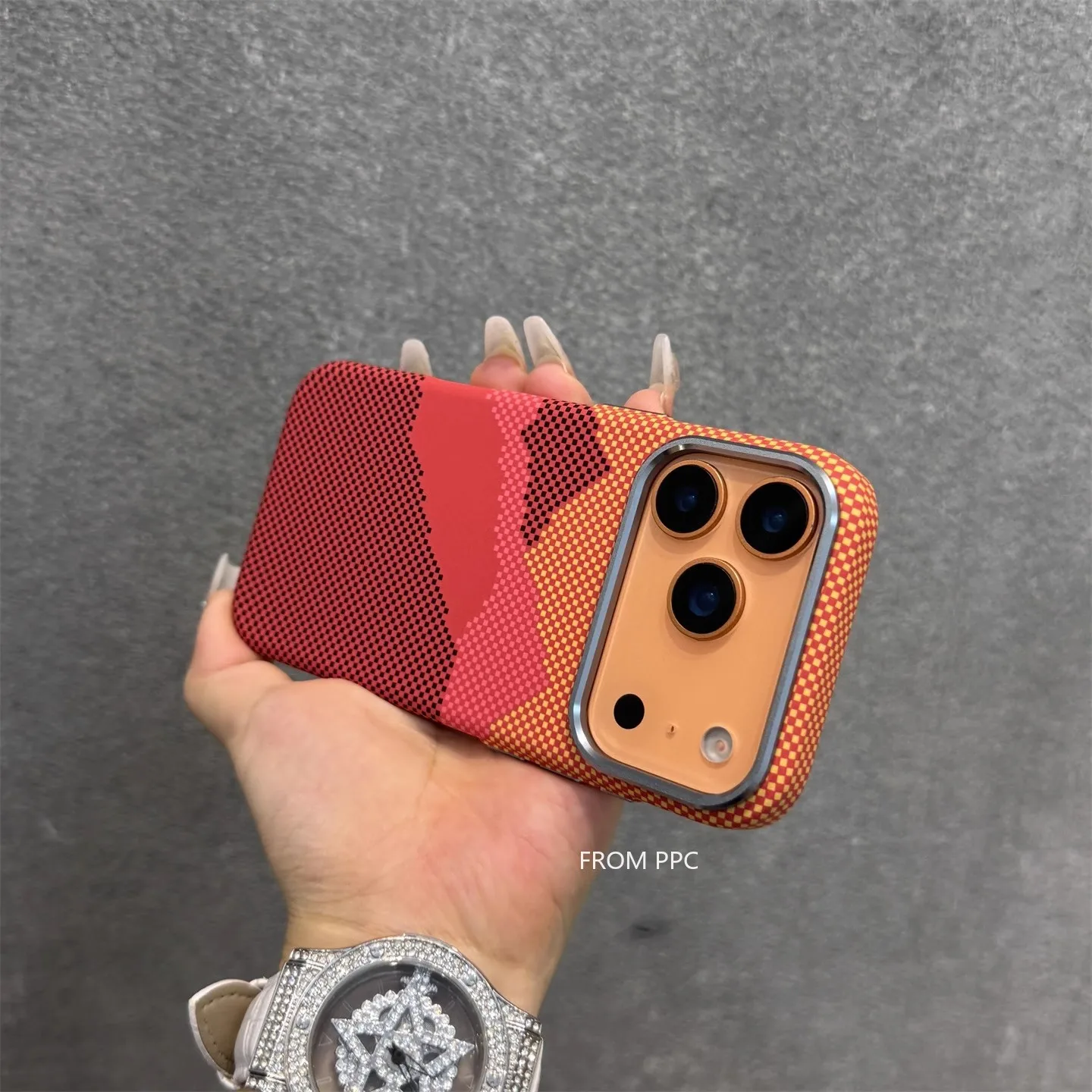 Orange Mountain Peak Carbon Relief Phone Case with Camera Lens Protection, Hard PC MagSafe Shell