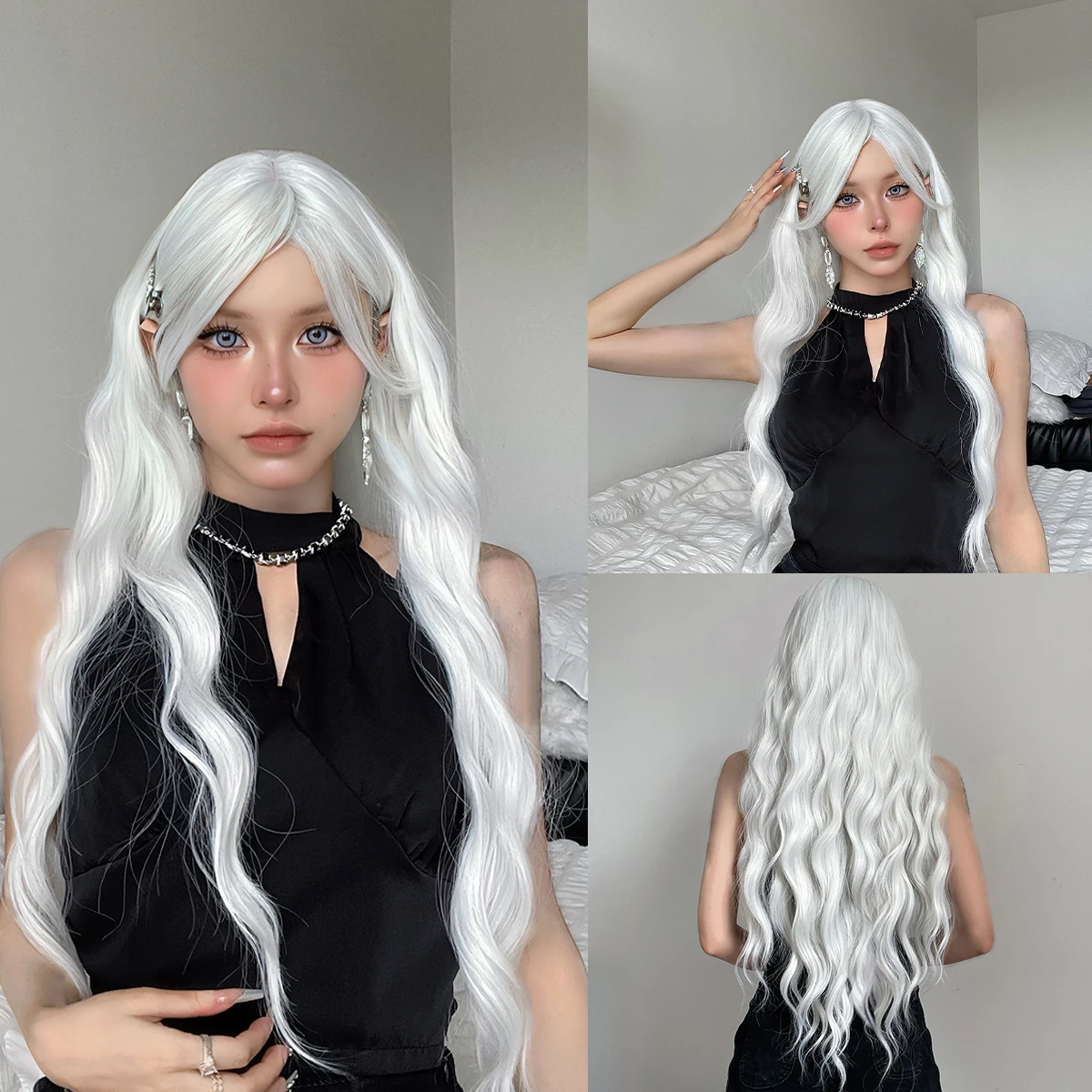 

Platinum Blonde Synthetic Long Curly Wigs with Bangs for Women Cosplay Lolita Natural Wig Loose Wavy Hairs Heat Resistant Fiber