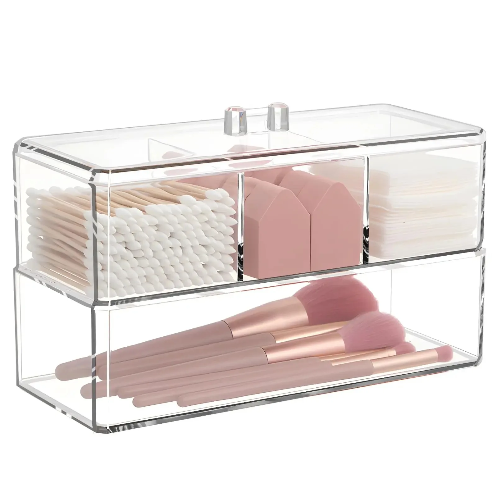 Qtip Holder, Cotton Swab and Ball Dispenser 2 Layer with Lid Clear Acrylic Bathroom Canisters Cotton Pad Organizer Bathroom 2