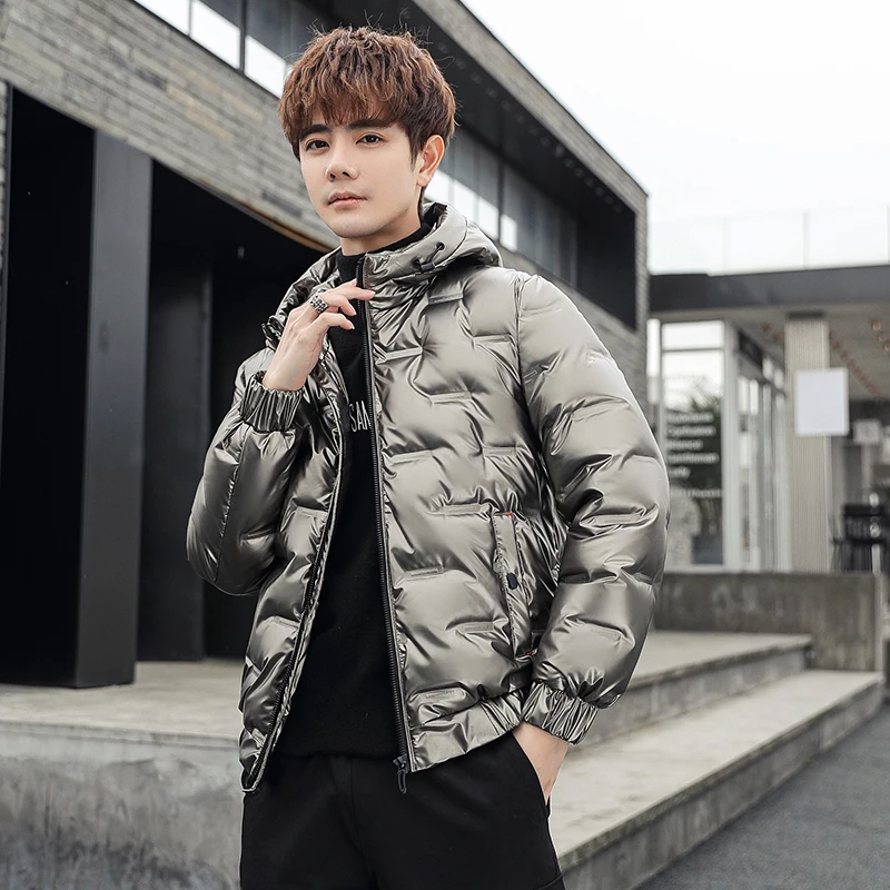 

Classic Bright Thin Light Mens Down Jacket Fashion Hooded Windproof Jackets Loose White Duck Down Parkas Comfortable Short Coats