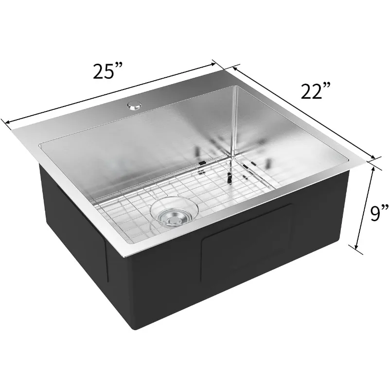 25 Inch Top mount Kitchen Sink Drop-in, Farmhouse Kitchen Sink with Sink Protector 18 Gauge, Workstation Sink, 6