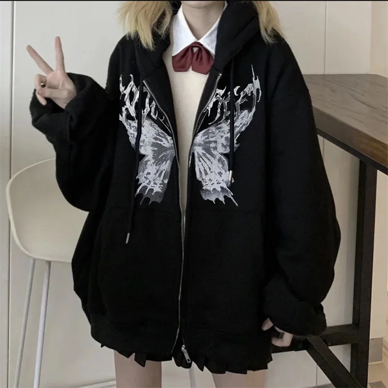 

Women Butterfly Print Hoodies Harajuku Oversized Long Sleeve Zip Up Hooded Jacket Female 2022 Autumn Hip Hop Punk Sweatshirt Top