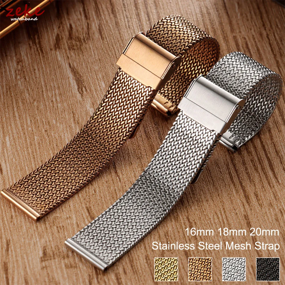 Gold & Silver Milanese Mesh Watchband – Stainless Steel Bracelet with Folding Buckle Belt, Universal 16mm to 20mm Strap