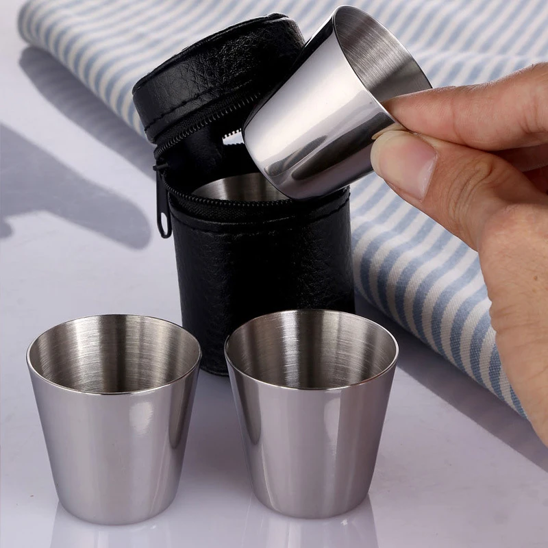 

4Pcs 30ml Outdoor Practical Travel Stainless Steel Cups Mini Set Glasses For Whisky Wine Beer With Case Portable Drinkware