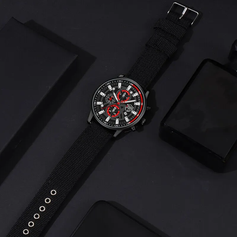 3PCS Set Mens Watches Necklace Bracelet Nylon Quartz Watch Male Business Casual Wrist Watch Fashion Simple