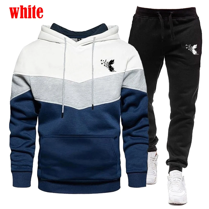 The latest men's long sleeved tricolor patchwork hoodie set casual sports jogging suit hoodie and pants two-piece set