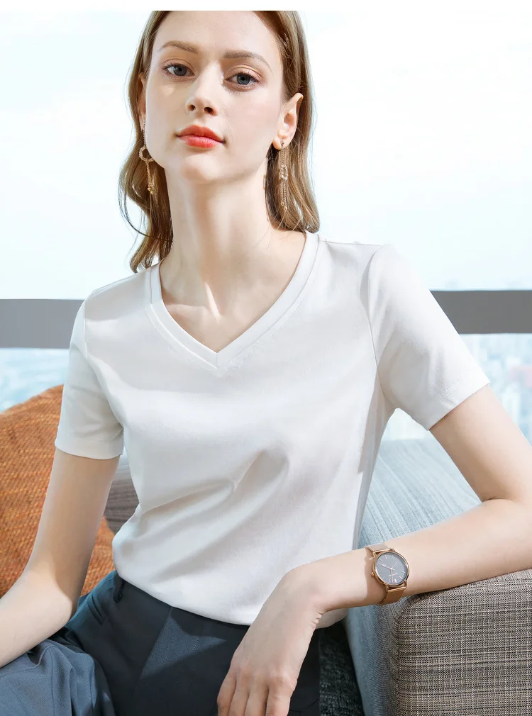 Ice Sensitive Silk Cotton V-neck Short Sleeved T-shirt for Women's Solid Round Neck Basic Commuting Elastic Oversized Top
