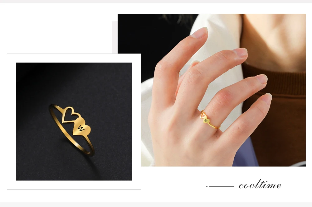 COOLTIME Trendy Anfangsbuchstaben Ringe für Frauen Edelstahl A-Z Alphabet Herzen Schmuck Fingerringe Paar Hochzeitsgeschenk – Detail 8