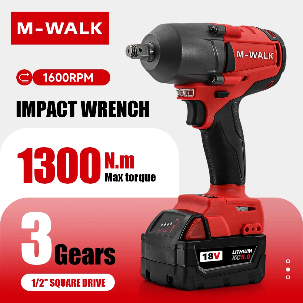 M-WALK Tool 1300N.M Brushless Impact Wrench Cordless Electric Wrench 1/2 in Screwdriver Power Tool For Milwaukee 18V Battery Pin