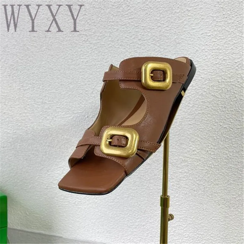

Summer New Square Toe Double Stretch Buckle Strap Women Fashion Genuine Leather Flat Slippers Casual Concise Slip on Mules Shoes