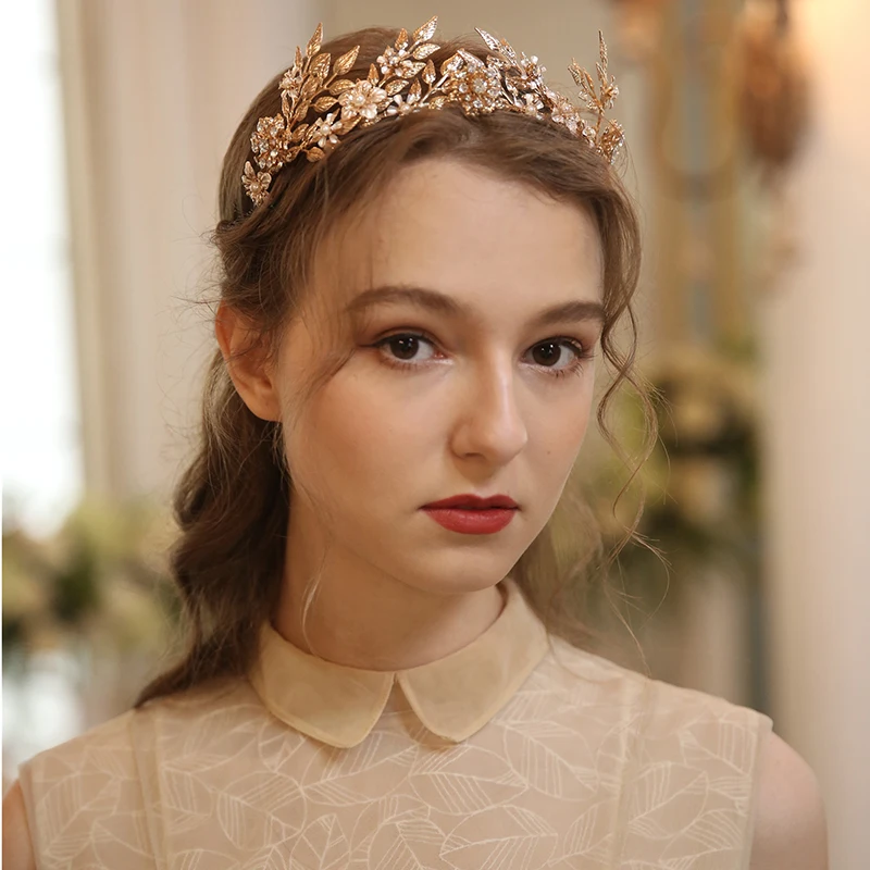Gold Color Leaf Tiara Wedding Hair Crown Floral Bridal Hairband Handmade Headpiece Women Party Prom Hair Tiaras