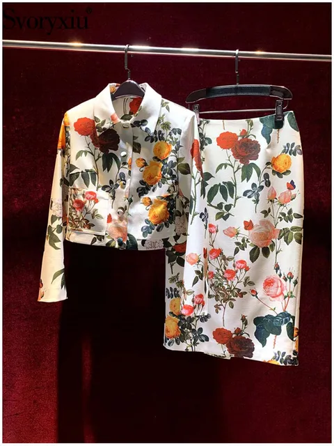 Svoryxiu Designer Fashion Elegant Gorgeous Print Skirt Suit Women's Turn-down Collar Button Shirt + Package Buttocks Half Skirt 1