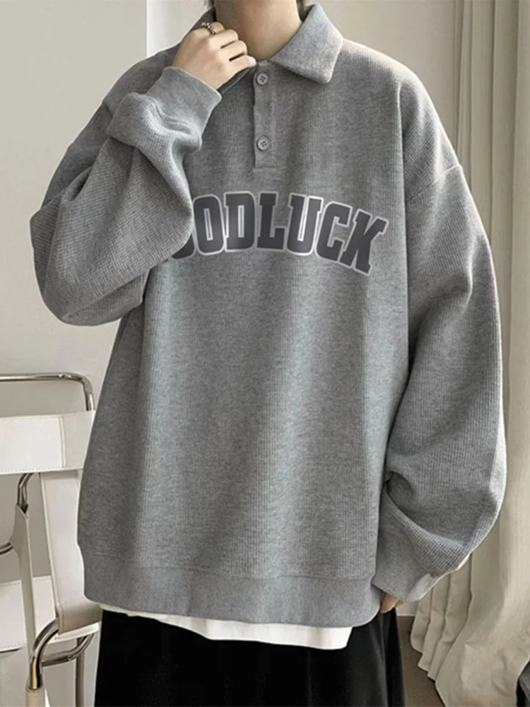 thumbnail image 1 of Sudadera estilo pijo con estampado de letras de buena suerte para hombre, estilo informal, con cuello vuelto, estilo urbano Y2K, 1 of 5