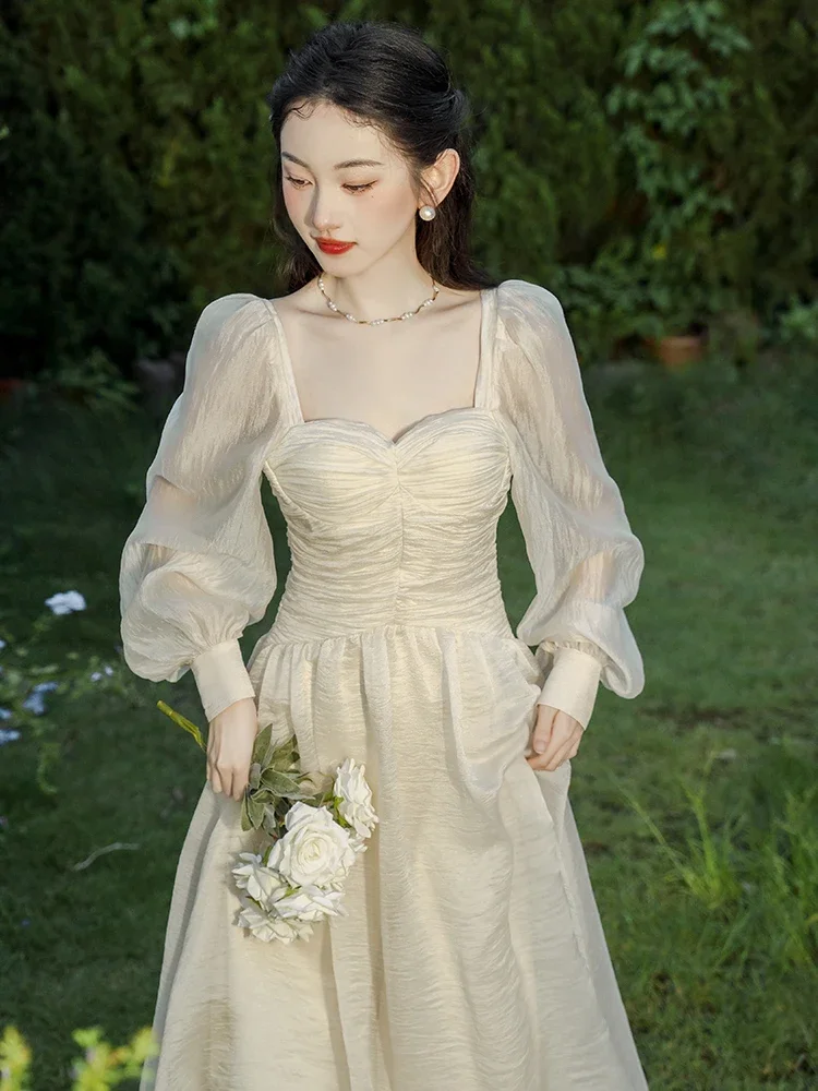 

Autumn Long Sleeved Dresses for Women Square Neck Gentle Elegant French Romantic Dress Puff Sleeve Fashion Vestidos be mujer