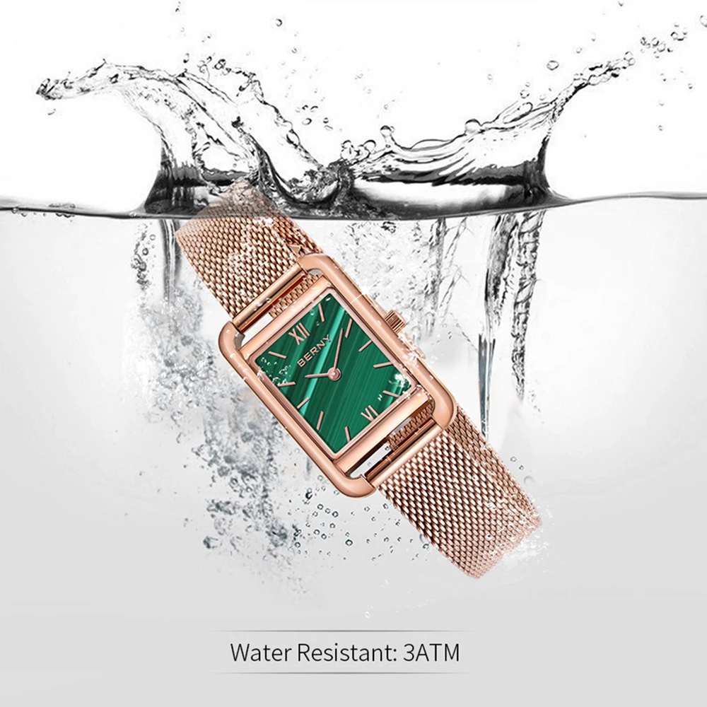 BERNY Miyota  Womens Gold Quartz Watches Top Brand Luxury Ladies Ultra-thin Fashion Rectangular Green Waterproof 30M Wristwatch