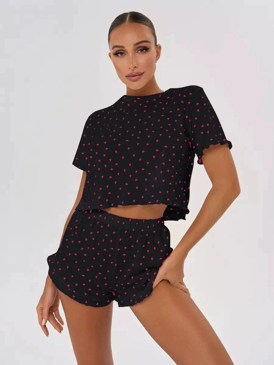 Womens Cute Heart Print Pajama Set Two Piece Short Sleeve Crop Top Ruffle Shorts Sleepwear Loungewear Casual Summer Nightwear ﻿