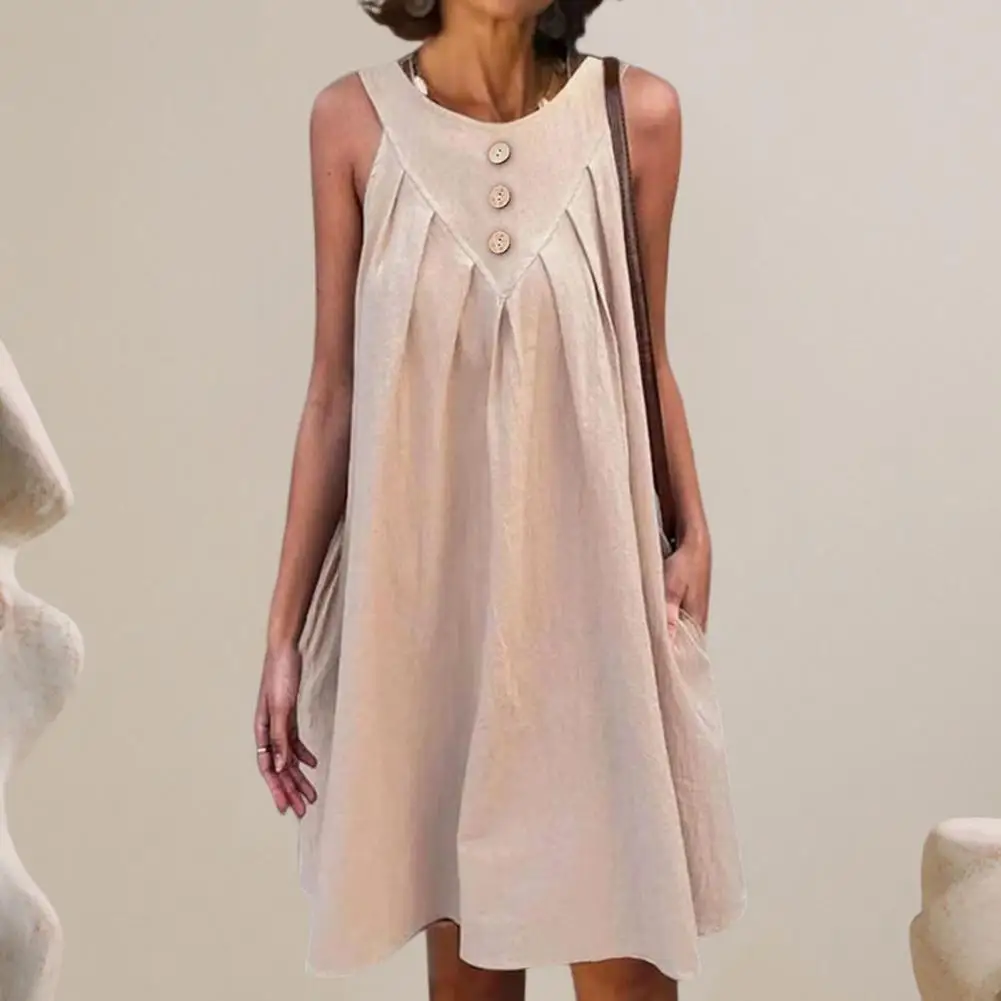 

Long Dress Elegant Midi Dress with Button Detail Side Pockets for Women Summer A-line Pleated Sundress for Wear Women Dress