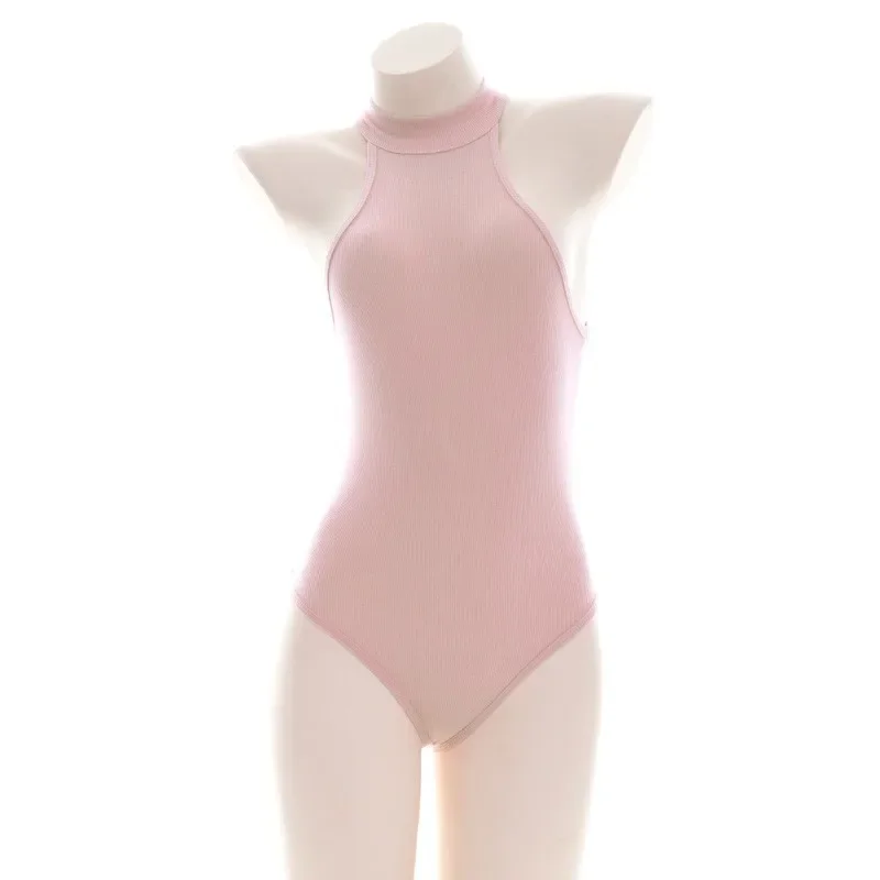 

Anime Pink Ribbed High Neck Bodysuit Underwear Cute Girls Nightgown Cosplay Costume Japanese Swimsuit Lingerie Solid Swimwear