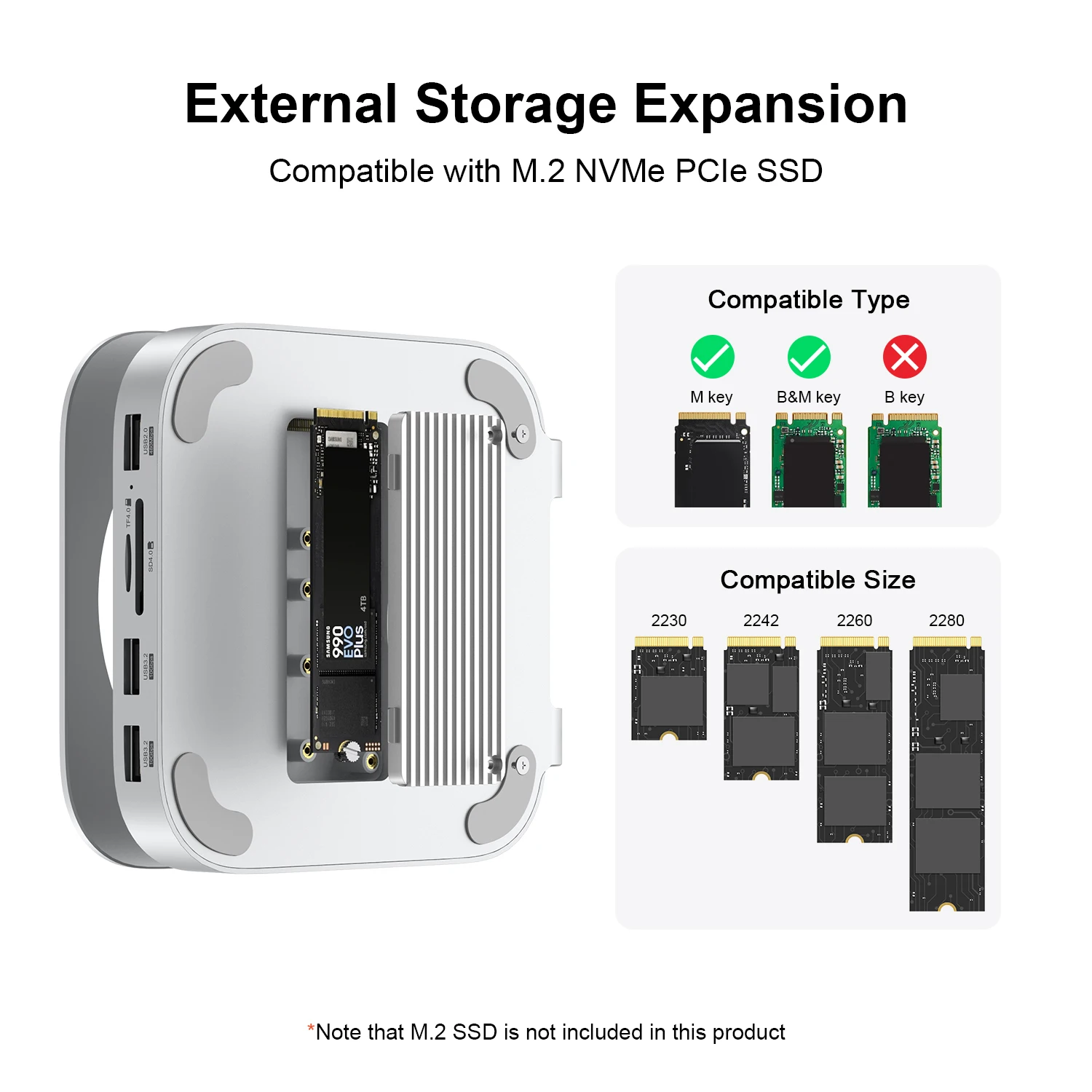 Qwiizlab Aluminum Stand Hub with NVMe SSD Enclosure for Mac mini M4/M4 Pro 2024, Card Readers 312MB/s, 2x USB-A 10Gbps, USB 2.0 3