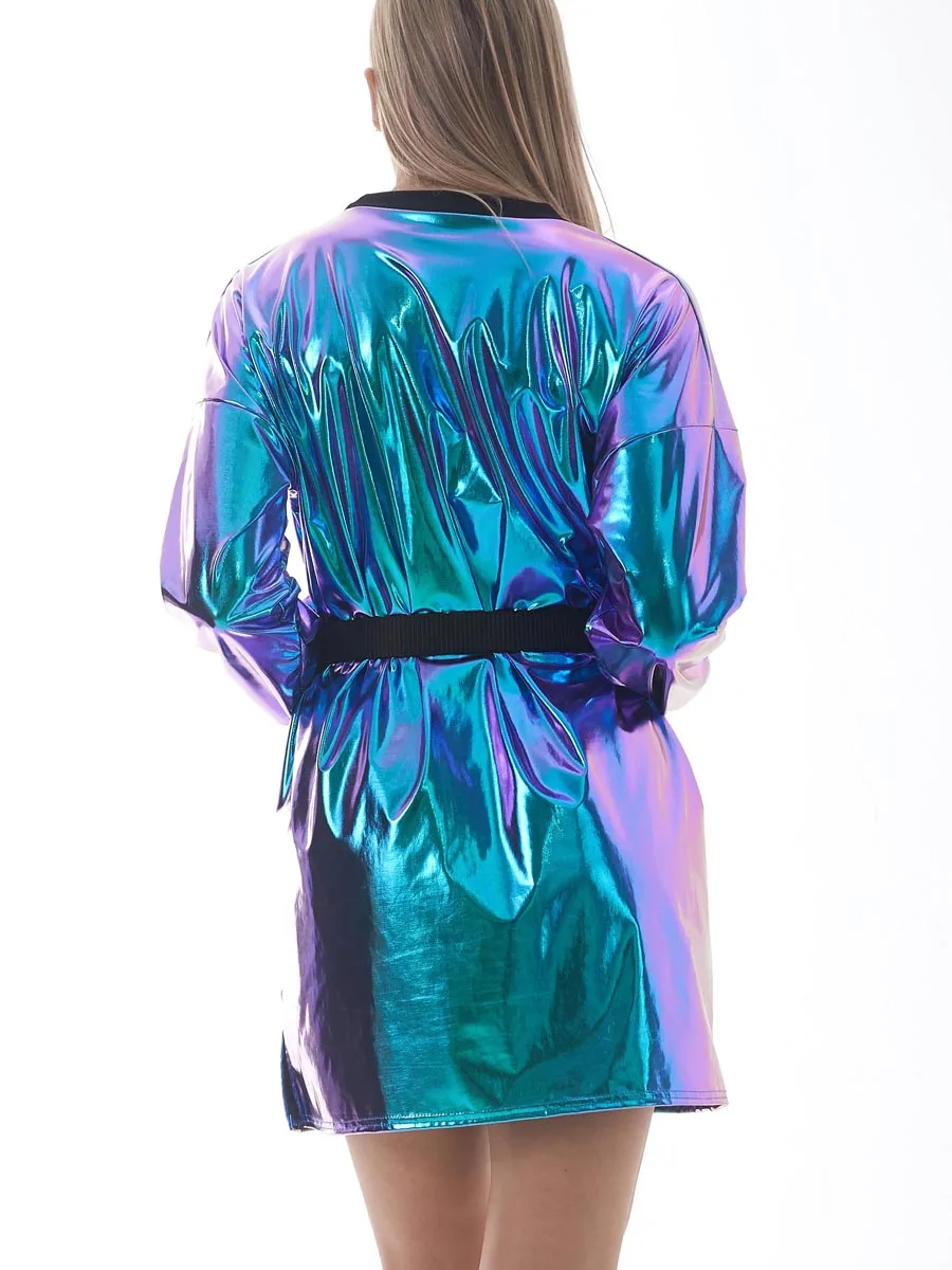 Robe Holographique Femme Robe Holographique Ranrann Femme - Coupe Patineuse, Manches Volantes, Brillant, Pour Fête Et Festival Robe Brillante Soirée Thématique