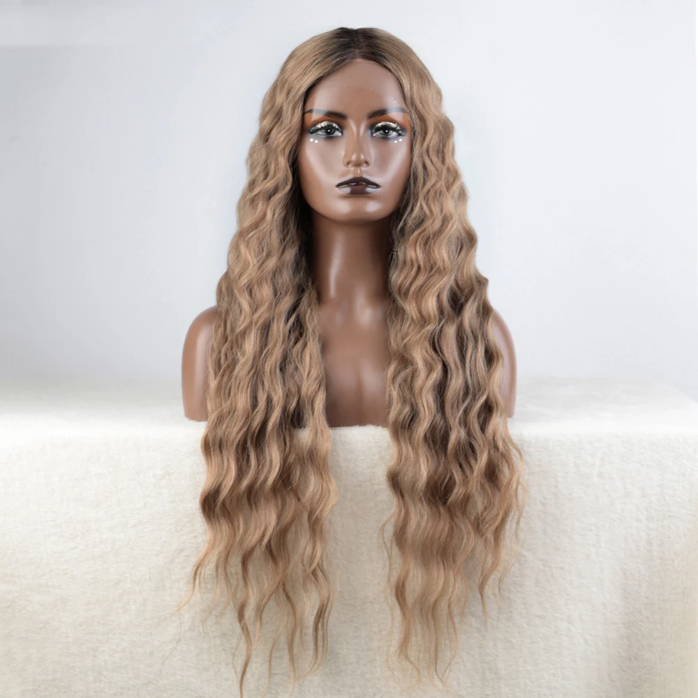 Synthetic Lace Front Wig Long Deep Wavy 30" Hair Lace for Women Front Ombre Blonde Cosplay Baby Hair Wig