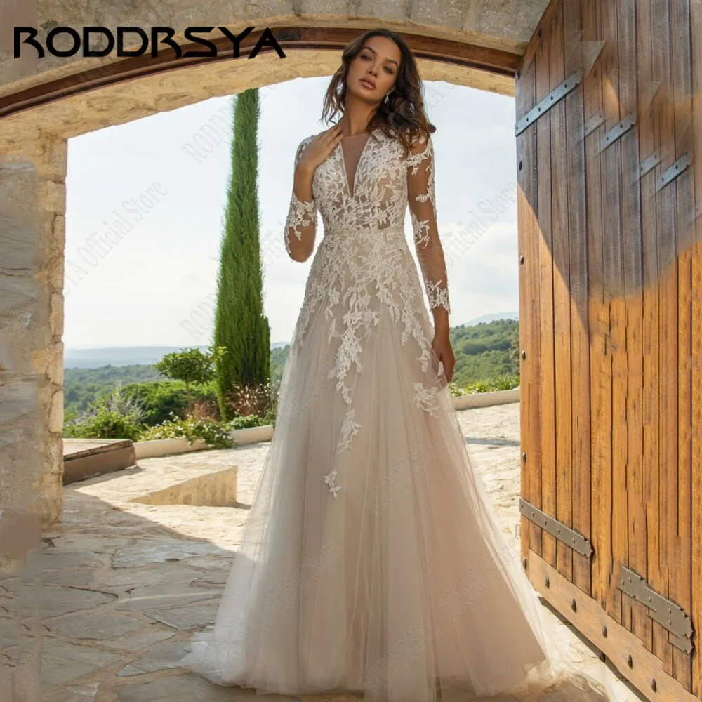 

RODDRSYA Backless O-Neck Wedding Dresses Long Sleeves Applique Classic Tulle A-Line Custom Made Bridal Gowns Vestido De Novia