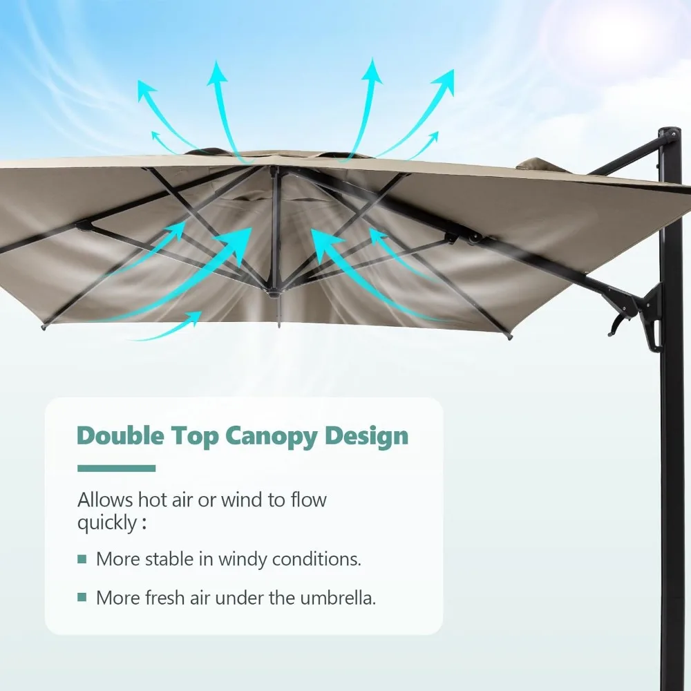 10FT Square Cantilever Patio Umbrella with Tilt Adjustment and 360-Degree Rotation, Offset Hanging Umbrella for Backyard 3