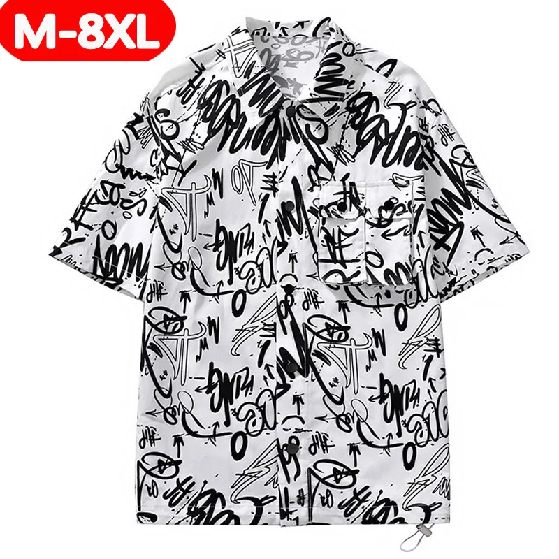 

Plus Size 8XL Summer Shirts Men Letter Graffiti Printed Short Sleeve Hem Drawstring Design Camisa Masculina Harajuku Shirt M-7XL