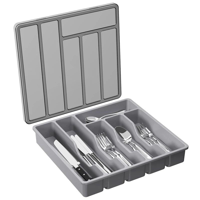 

Silverware Organizer With Lid,Covered Utensil Tray For Kitchen Drawer And Countertop, Plastic Cutlery And Flatware