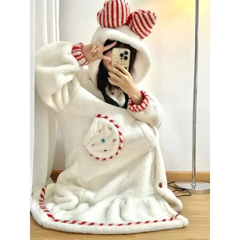 2024 New Girl's Sweet Hooded Coral Velvet Pajamas Women's Winter Velvet Thick Flannel Homewear Warm Bowknot Large Size Robes