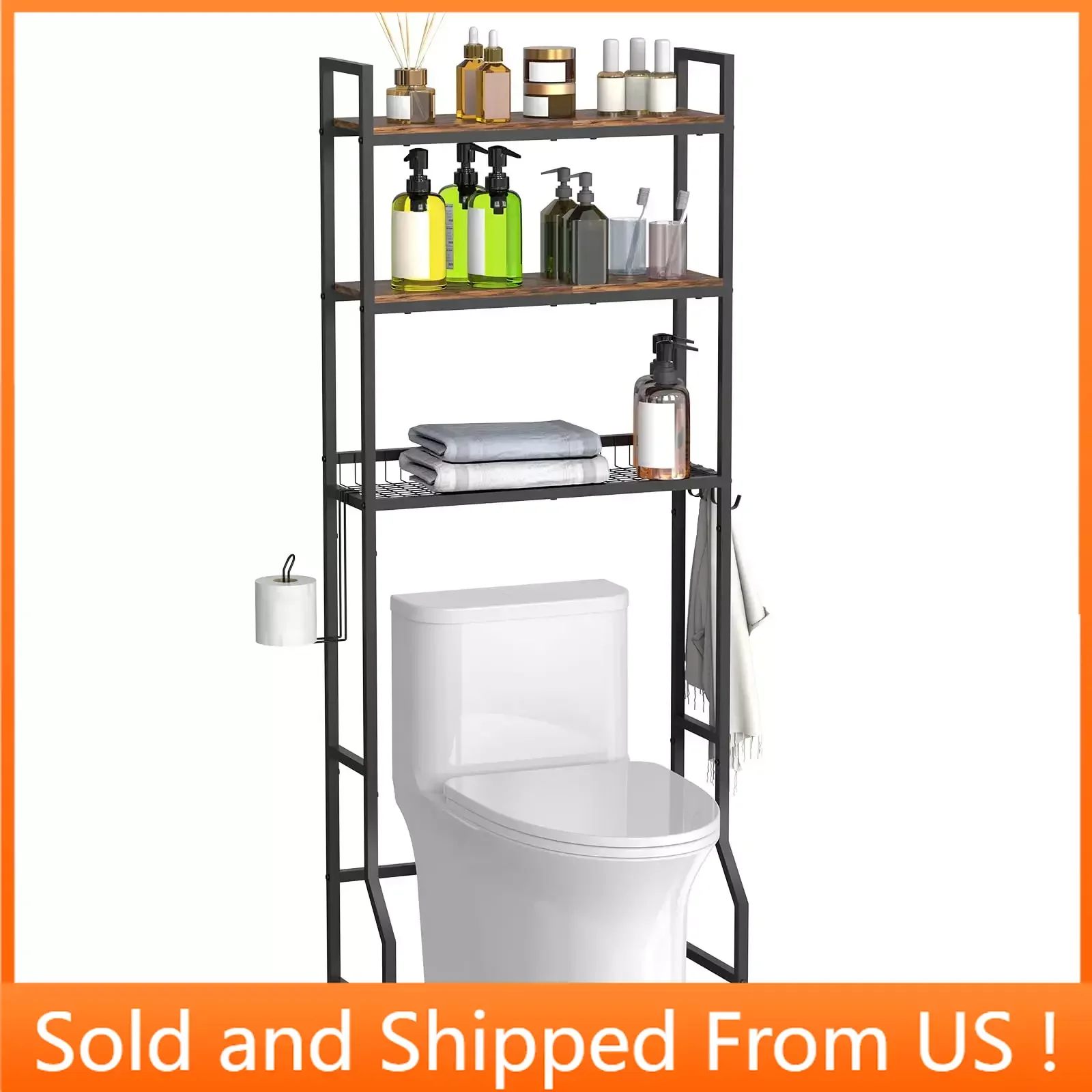 

Over The Toilet Storage, Over Toilet Bathroom Organizer 3 Tier, Bathroom Space Saver with Metal Frame and 4 Hooks, Brown