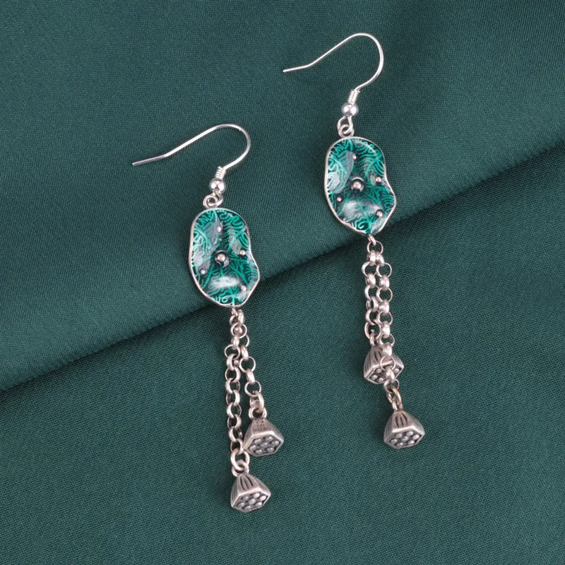 

925 Sterling Silver Enamel Lotus Leaf Seed Pod Drop Earrings Retro Ethnic Long Tassel Hanging Earrings Certified Jewelry EH155