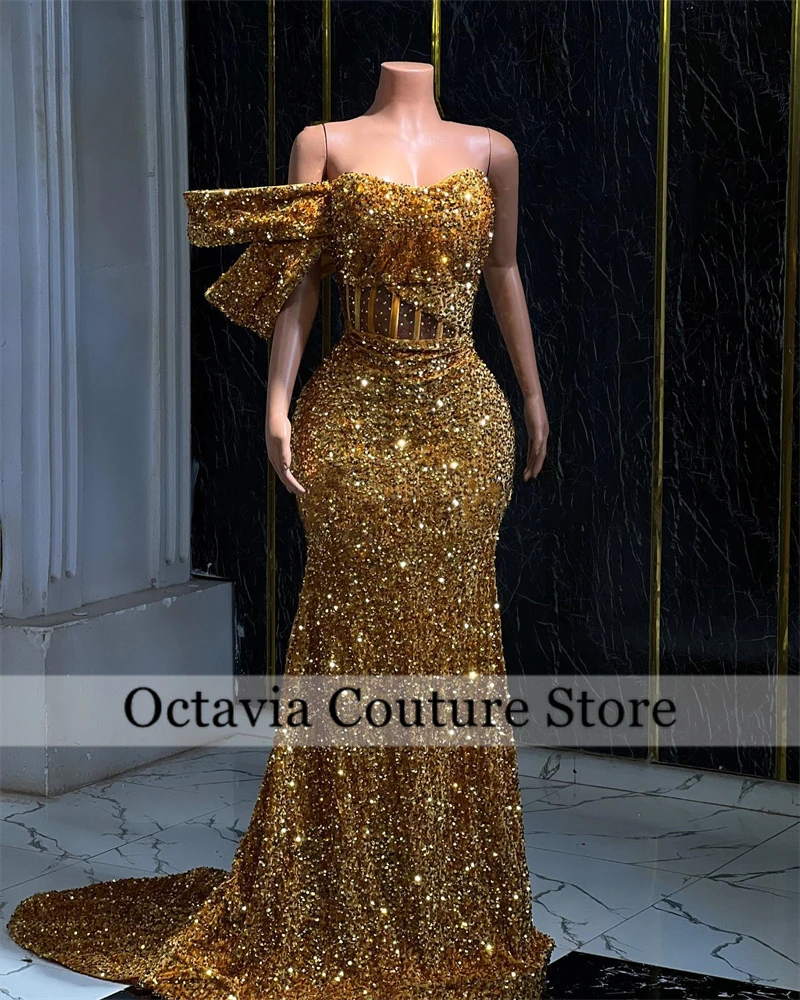 Women Prom Dresses Sparkly Gold Long One Shoulder Bead Crystal Sequin
