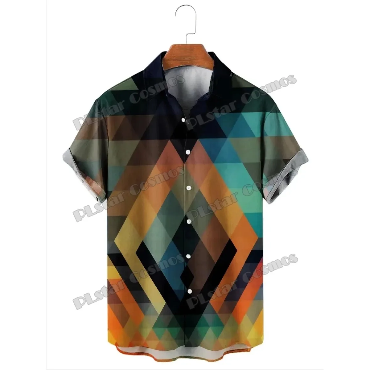 

Fashion retro rainbow geometric 3D printing men's Hawaiian shirt unisex summer casual short sleeved button up shirt 002