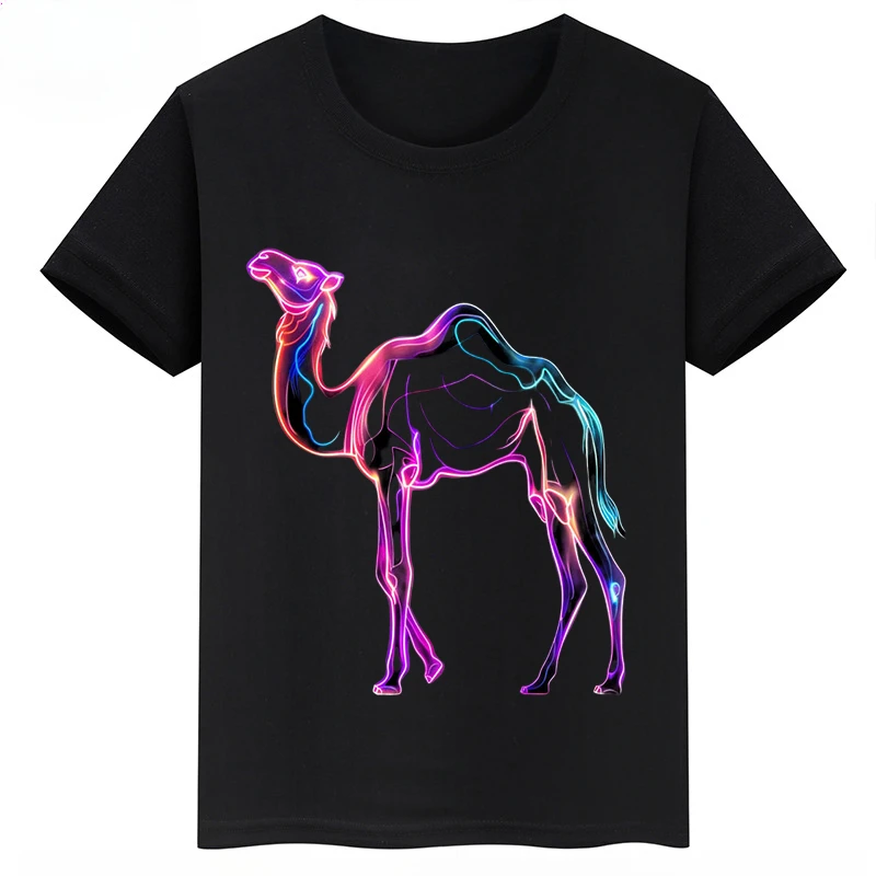 Ropa infantil con estampado de dibujos animados de camellos, camisetas negras de manga corta de verano para niños, camisetas de algodón personalizadas para niños y niñas