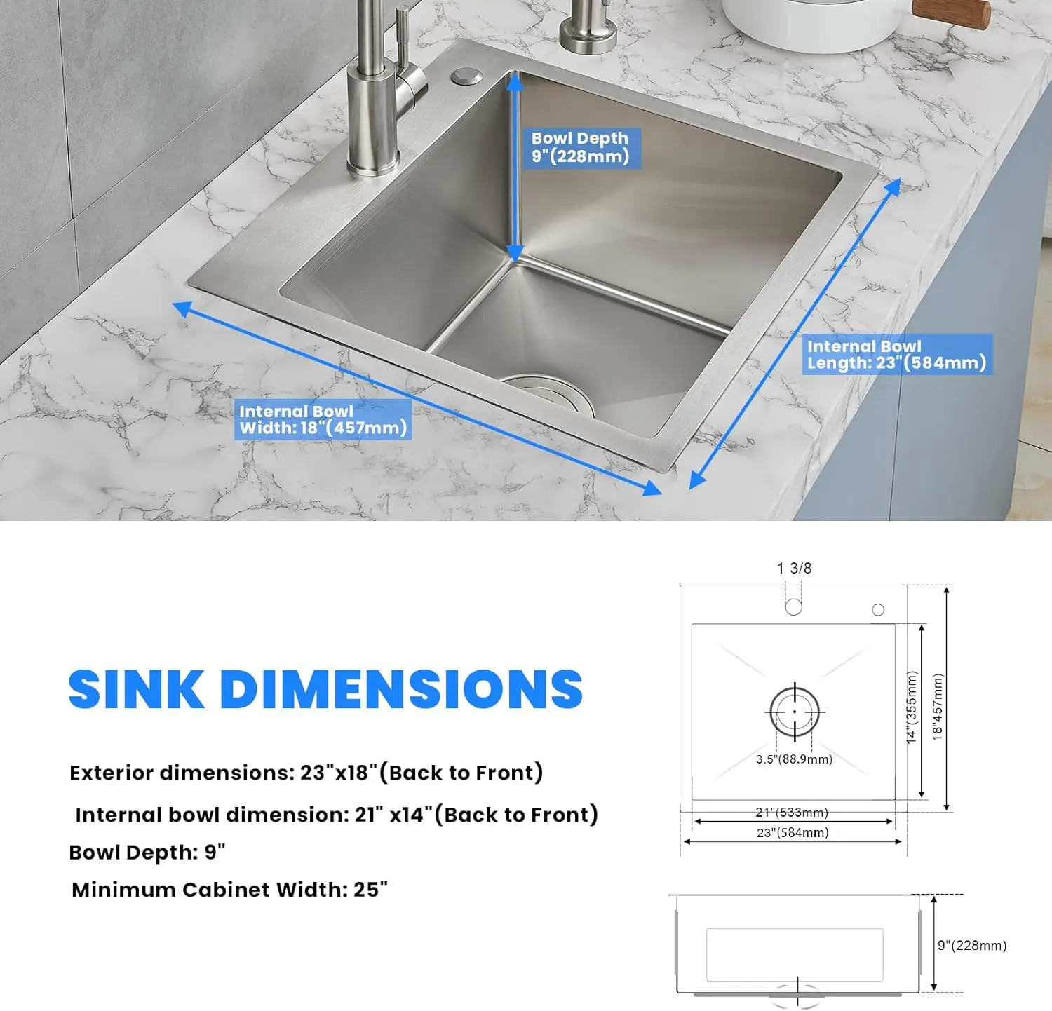 ROVATE 23×18 Inch Drop In Kitchen Sink Topmount Small Wet Bar Prep Sink 304 Stainless Steel 9 Inch Deep Single Bowl Sink Brushed 6