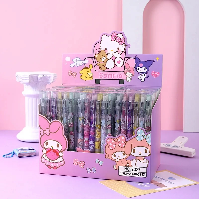 Gel Pens Sanrio 12pcs Cartoon Hello Kitty Kuromi 0.5mm Black Student Stationery Office Pen Kawaii Student Exquisite Gift