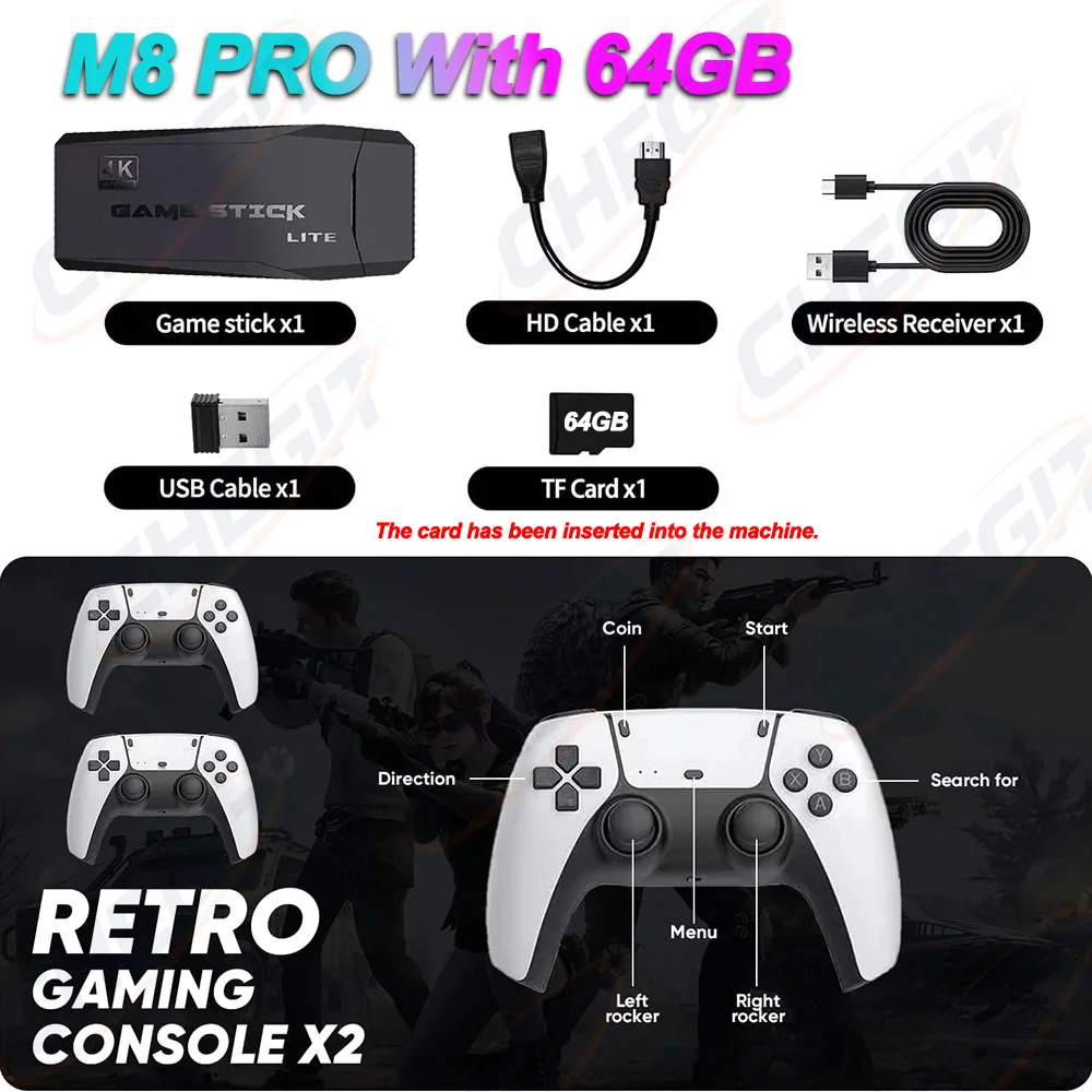 Yeni 4K TV Oyun Çubuğu, HD TV Oyunları için 27+ Simülatörü Destekler, 64GB Dahili 20000+ Retro Oyun Konsolu ve Kablosuz Oyun Kumandaları ile