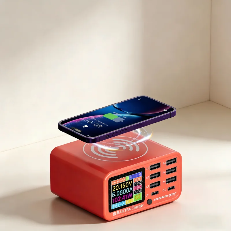100W 멀티포트 USB 충전 허브, 디지털 디스플레이, PD 및 QC 고속 충전 스테이션, 휴대폰 및 노트북용 전압 및 전류 표시 기능