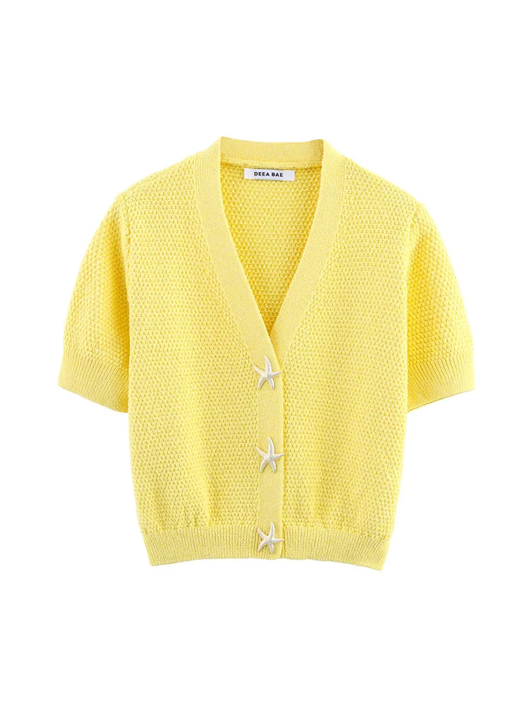 TFMLN Short Sleeve Sweater For Women Chic Star Shaped Button Decoration Knit Top Casual Streetwear Fashion Solid Knitwear Tops