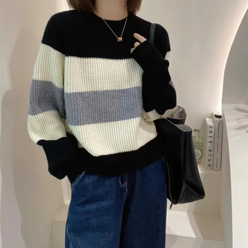 

Vintage color matching striped sweater for women's autumn and winter new soft glutinous pullover knit top