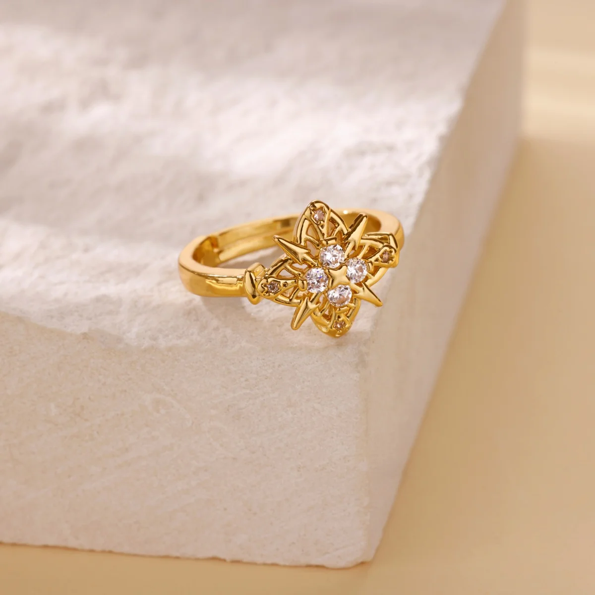 Four Leaf Clover Zircon Rings Gold Color Stainless Steel Ring